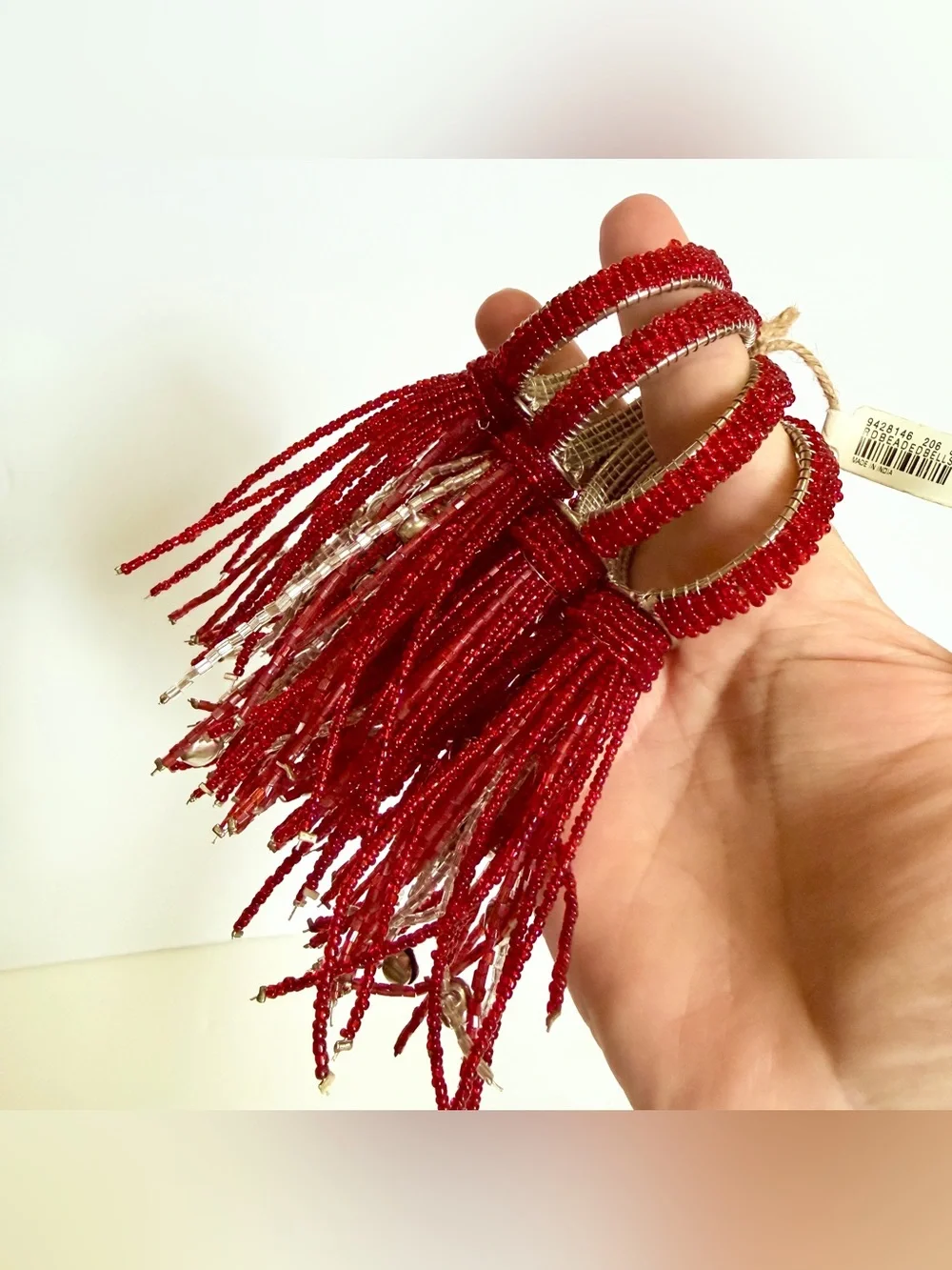 NWT Pottery Barn Red & Silver Beaded Jingle Bell Tassel Napkin Rings Set of 4